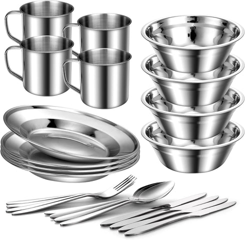 Odoland 29pcs Stainless Steel Utensils Camping Tableware Kit, Cutlery Set for 4, Outdoor Camping, Hiking, Picnic