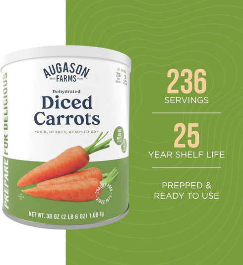 216 25 Augason Farms Dehydrated Diced Carrots Emergency Food Supply, Servings, Year Shelf Life, Great for Cooking