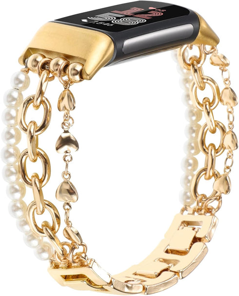 Pearl Beaded Bands Compatible with Fitbit Charge 6/Charge 5 Band Women, Dressy Wristband Stylish Gold Love Shape Link Chain Cute Strap Jewelry Bracelet for Fitness Tracker