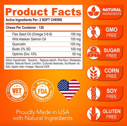 Omega 3 for Dogs - Skin and Coat Supplement, Fish Oil Chews for Allergy Relief, Anti-Shedding, Dry Skin Treatment - 120