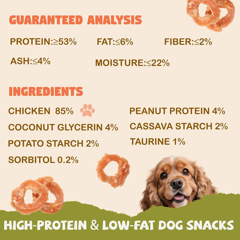 Dogs,10.58 oz Dog Treats Chicken Jerky Rings, Natural Chicken Breast w/Taurine, Rawhide-Free High-Protein Long-Lasting