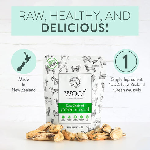 WOOF Freeze Dried Dog Treats, New Zealand Green Mussels, High Protein for Dogs, 1.76 oz