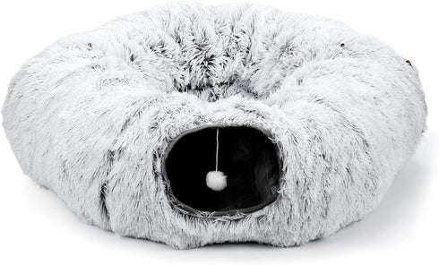 HAITRAL 2-in-1 Plush Cat Tunnel Bed,Cat Toys Cat Tube for Indoor Cats,Collapsible Washable Donut Cat Bed Cat Play