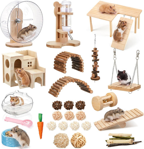Sonwyoung 40 Pcs Hamster Cage Accessories, 9.5'' Exercise Wheel, Wood Platform Hideout House,