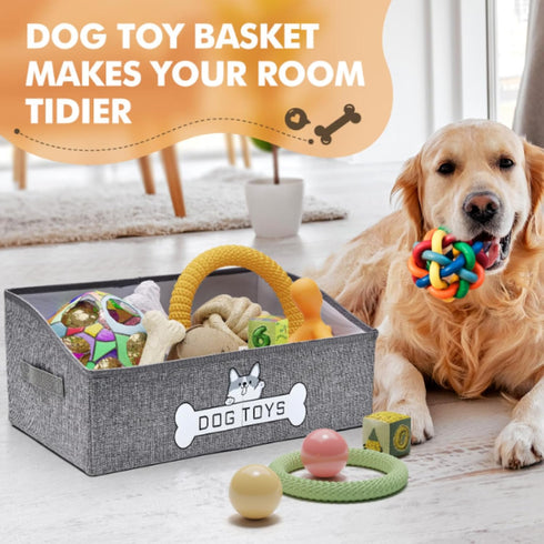 Dog Toy Basket - Collapsible Storage Box with Handle for Pet Toys and Accessories - Specially Designed, Grey