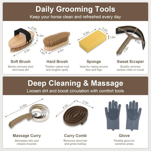 14 Set Horse Grooming Kit Pieces, Horse Brushes for Grooming & Bathing Supplies, Professional Horse Supplies with Mane