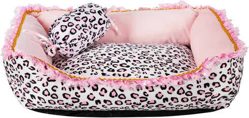 Gigreinc Cute Pink Puppy Sleeping Mat Bed with Leopard Pattern, Round Square Shape Cat Dog Sofa Bed, Pet House Nest