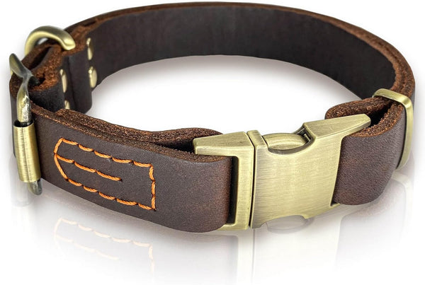 Leather Dog Collar with Metal Quick Release Buckle, Soft Genuine Cowhide, Adjustable for Small Medium Large Dogs (L,