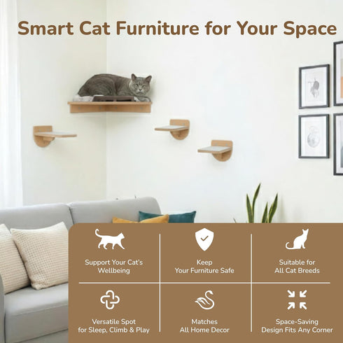 45LBS 3 Cat Wall Shelves with Non-Slips Steps, Space-Saving Mounted Cats Walls Furniture & Shelf with Washable Cushion