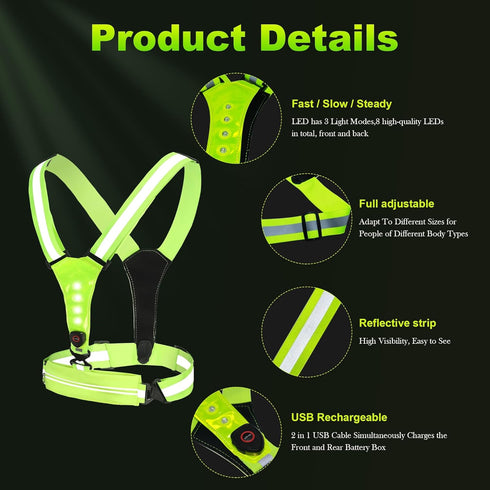 Reflective Running Vest, LED Safety Vest with Waist Pack, USB-C Rechargeable for Night Walking, Running, Biking
