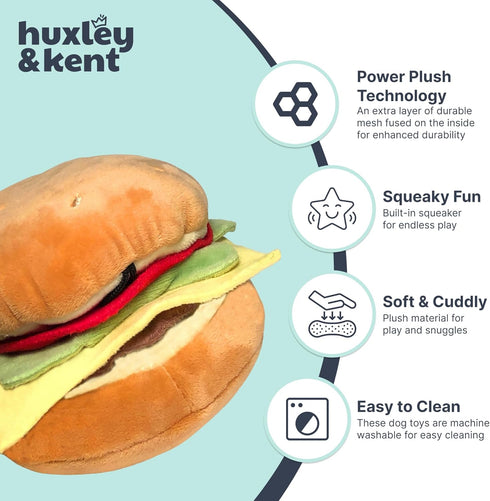 Huxley & Kent Plush Dog Toy - Hamburger, Large, Cute, Funny & Tough with Squeaker for Small & Large Dogs