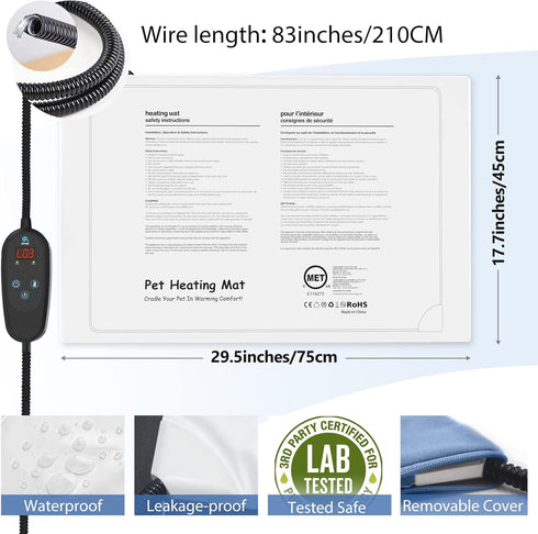 2023 Newest Dog Heating Pad with Temperature Adjustment, Anti-bite, Timer, Indoor Waterproof Electric Heated Mat