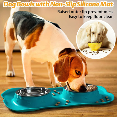 Hubulk 2 Stainless Steel Dog Bowls with No Spill Non-Skid Silicone Mat + Pet Food Scoop for Small Medium Large Dogs