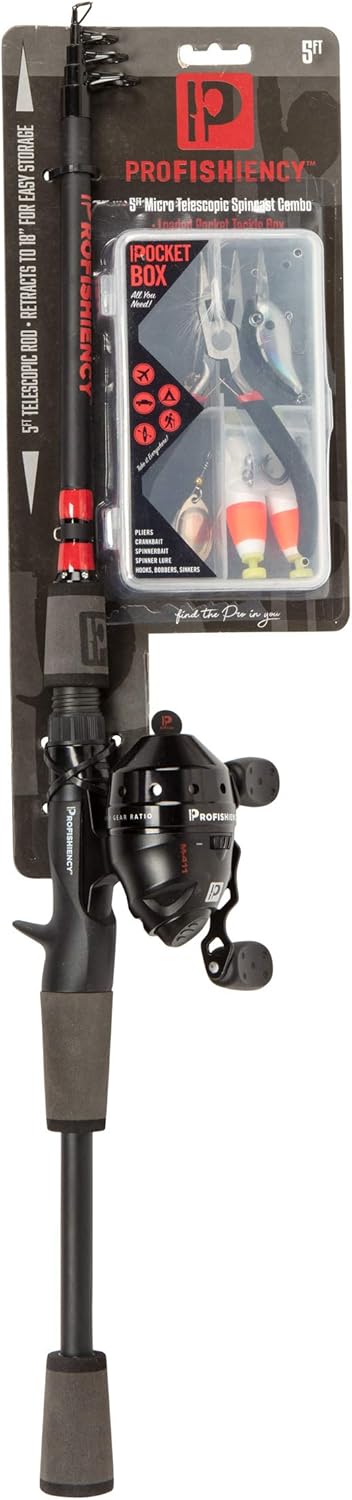 ProFISHiency 5' Micro Telescopic Travel Fishing Rod & Spincast Reel Combo, Retracts to 18" for Storage