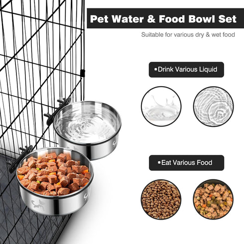 Dog Kennel Bowls for Crates, No Spill 2 Pack Hanging Food Water Bowls, Stainless Steel Pet Dish Feeder for Cats and Dogs