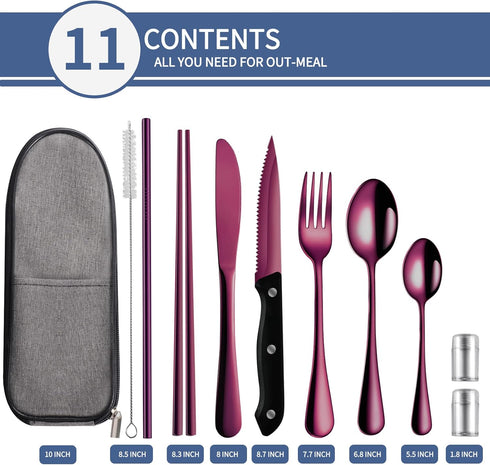Portable Travel Utensils Set,Reusable Utensils,Travel Camping Cutlery Set,Stainless Steel Flatware Set with Case,Lunch Boxes Workplace Camping School Picnic (Purple) by Logcow