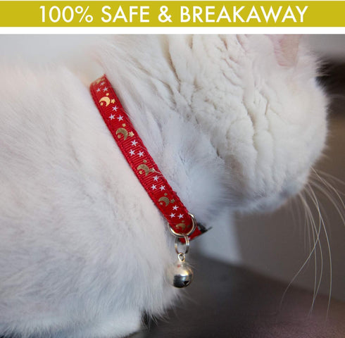 Cat Collar Stars and Moon, 4-Pack Reflective with Bell, Solid & Safe Nylon Breakaway Collars for Cats