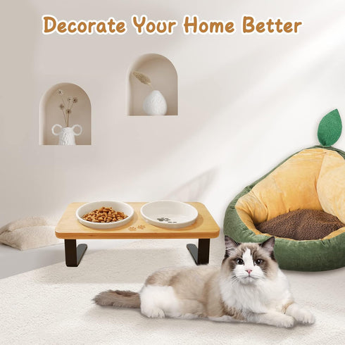 Ceramic Elevated Cat Bowls with Bamboo Stand, 10° Tilted Raised Dishes for Food and Water, Anti Vomiting Pet Bowl Set