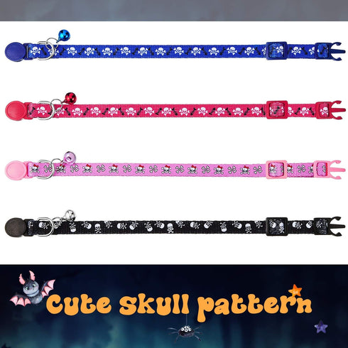 Weewooday 4 Pieces Halloween Skull Cat Collar Breakaway Kitten Collars with Bell, Adjustable Outfit with Skull Patterns