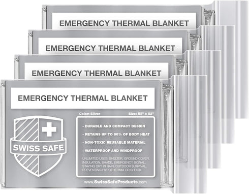 Swiss Safe Emergency Mylar Thermal Blankets + Bonus Space Blanket - Compact & Insulated for Cold Weather, Outdoor