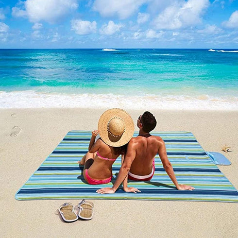 Large Picnic Blanket, Beach Blankets (80X60) Inch, Waterproof Quick Drying Mat for 3-5 Adults (Blue Stripes)
