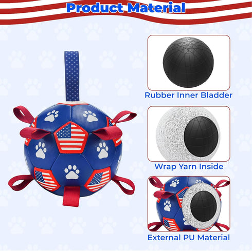 4th July Theme Soccer Ball Dog Toy, Interactive Play Balls for Tug of War, USA Independence Day for Small Medium Big