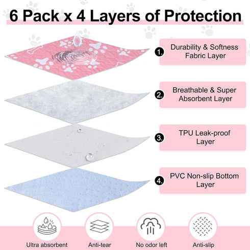 6 Pack 16" 24" BEAUTYZOO Washable Pee Pads for Dogs, Reusable Puppy Pads for Potty Training, Waterproof Super Absorbent