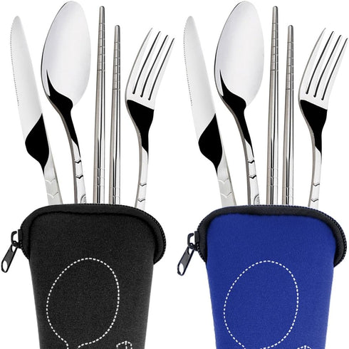 SENHAI 8 Pieces Rustproof Stainless Steel Flatware Set with Knife, Fork, Spoon, Chopsticks, Carrying Case