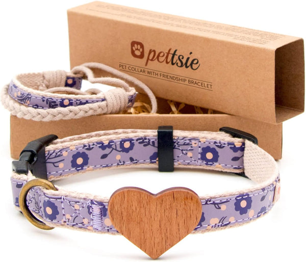 Pettsie Dog Heart Collar & Matching Friendship Bracelet - Adjustable Durable Hemp for Small & Medium Dogs