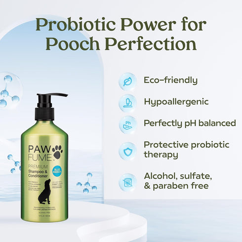 Pawfume Dog Shampoo and Conditioner, Hypoallergenic Probiotic Pet Shampoo for Smelly Dogs, Best for Puppies (Blue