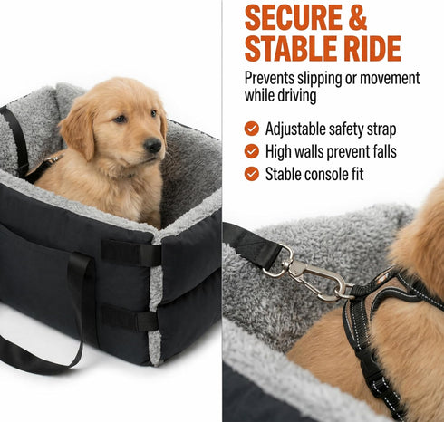 Carver Park Center Console Dog Seat for Small Dogs & Cats | Pet Car Seat with Safety Strap & Cushion | Portable Middle