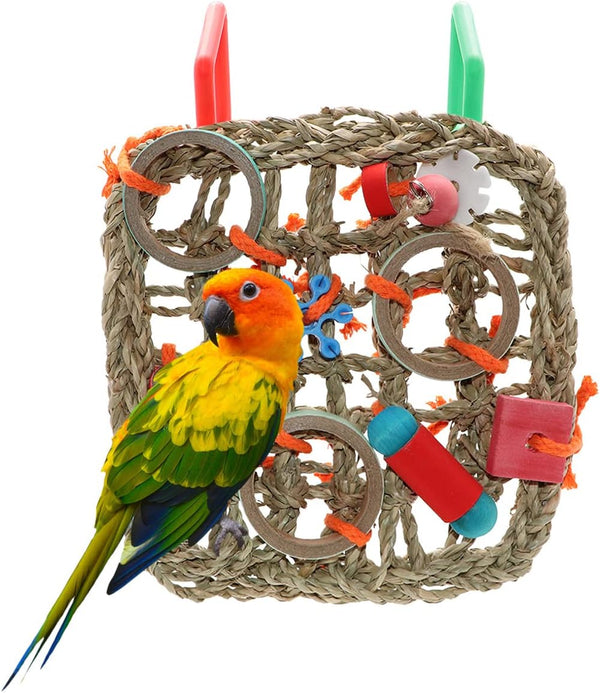 Wontee Hanging Bird Climbing Net for Parrot, Straw Braid Rope Foraging Wall Swing Toy for Budgie Cockatiel
