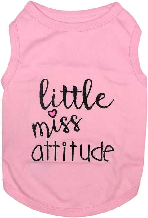 Parisian Pet Dog Tshirt, Embroidered “Little Miss Attitude“ Tank Top, 100% Cotton Sleeveless Pink Tee for Large Dogs