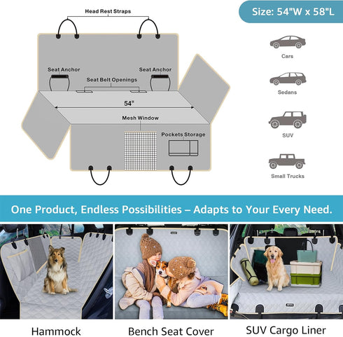 2 Hammock Lassie Dog Car Seat Covers for Back Seat with Seat Belts, Waterproof Dog Car with Mesh Window Durable Scratch