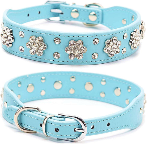 Rhinestone Dog Collar, Cute Flower Bling Collar, PU Leather Adjustable Sizes for Small Medium Large Dogs
