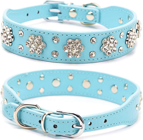 Rhinestone Dog Collar, Cute Flower Bling Collar, PU Leather Adjustable Sizes for Small Medium Large Dogs