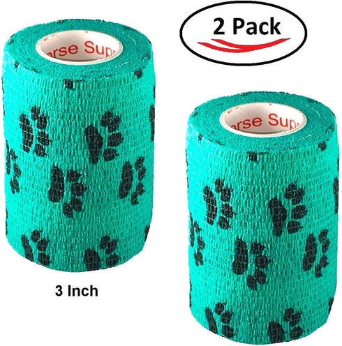 Vet Wrap Teal with Paws Tape, 2 Pack, 4 Inch x 15 feet Self Adhesive Cohesive Bandage for Pets