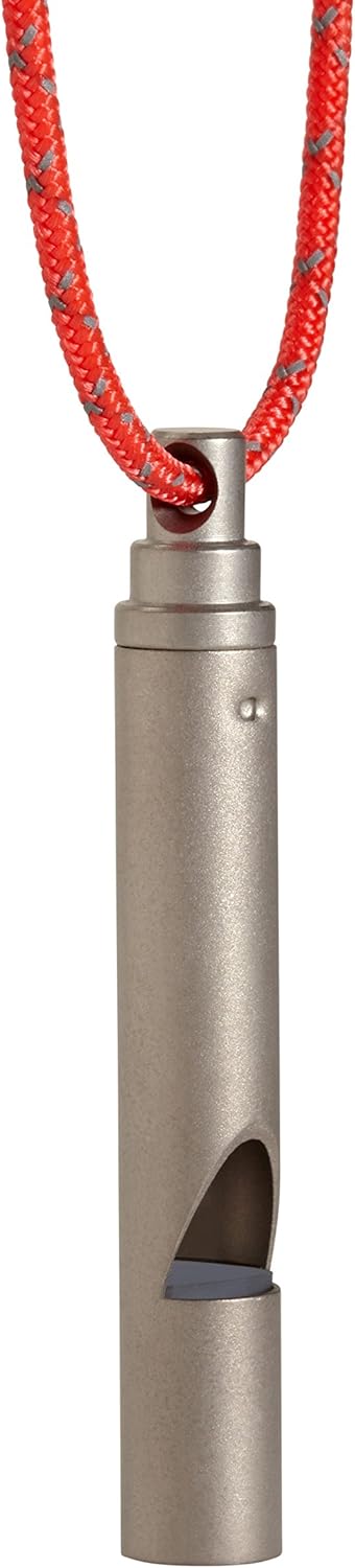 Vargo Titanium Emergency Whistle | 100+ Decibel Pealess Whistle, Ultralight .1 oz. (3 Grams) | Backpacking Survival Whistle with Reflective Lanyard | Hiking, Outdoors, Emergency Kit, T-416