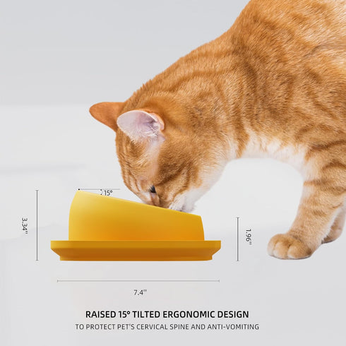 Tilted Cat Feeding Bowls, Whisker Friendly Raised Bowls for Indoor Cats, 3 in 1 Combined Design (Yellow)