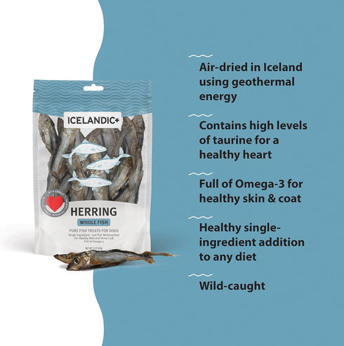 Icelandic+ Whole Fish Herring, 3oz Bag, Dog Treats, Pure Wild-Caught & Air-Dried, Single Ingredient Snack