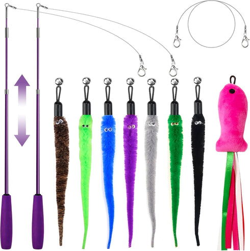 11PCS Cat Wand Toy, Interactive Toys for Indoor Cats, 2 Retractable Wands, 7 Worm Teaser Toys, 1 Plush Fish Toy, Extra