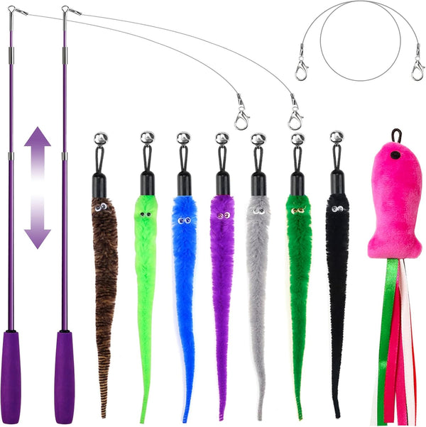 11PCS Cat Wand Toy, Interactive Toys for Indoor Cats, 2 Retractable Wands, 7 Worm Teaser Toys, 1 Plush Fish Toy, Extra