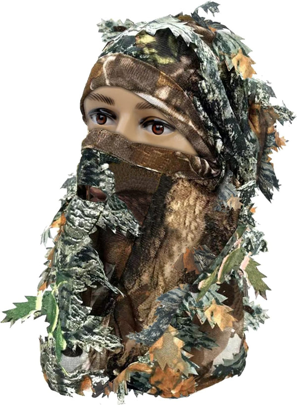 Ghillie Camouflage Leafy Hat with Camo 3D Leaf Face Mask, Full Coverage Breathable Hunting Mask Accessories