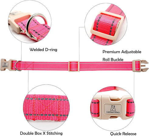 Lionheart Glory Reflective Dog Collar, Adjustable Durable Soft Classic Collar for Female Male Small Dogs Pet Gift (Pink)