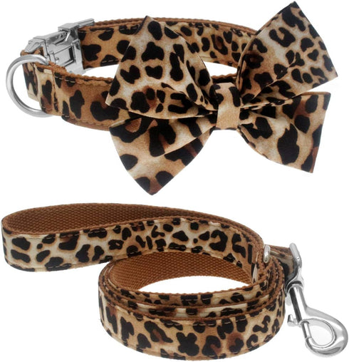 Dog Collar with Bow, Adjustable Cotton & Webbing Detachable Bowtie Dog Collars and Leash for Small Medium Large Dogs
