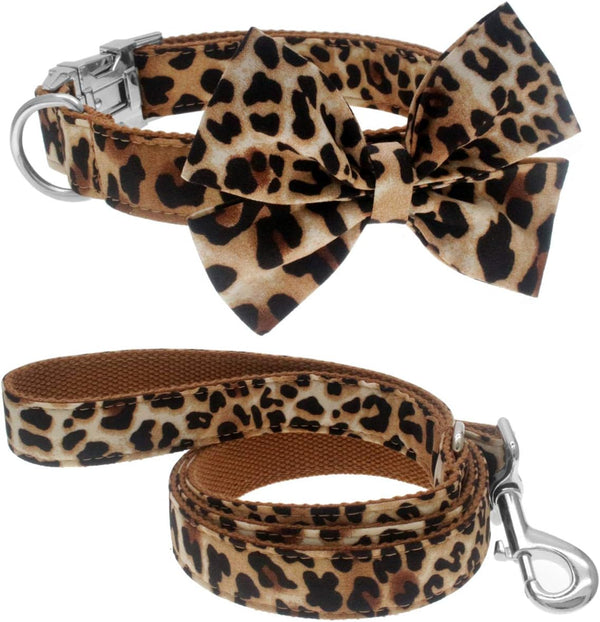Dog Collar with Bow, Adjustable Cotton & Webbing Detachable Bowtie Dog Collars and Leash for Small Medium Large Dogs