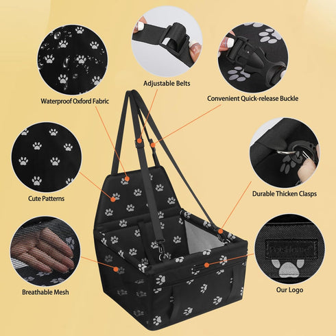 PetsHome Foldable Dog Car Seat with Removable Thick Mat, Waterproof Oxford Travel Bag for Small to Medium Dogs,
