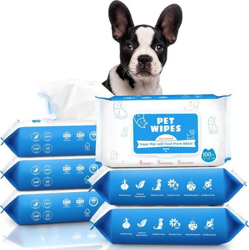 Dog Wipes for Paws and Butt, 600 Count/6 Packs, Fragrance Free Grooming Wipes for Dogs and Cats