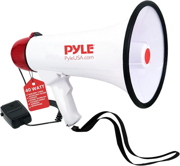 Pyle 40 Watt Professional Megaphone with Clear Sound, Ergonomic Grip, Indoor & Outdoor Use