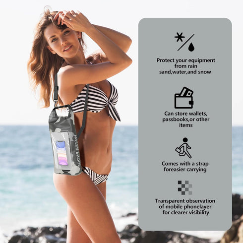 IP68 Waterproof Dry Bag 2L, Roll Top Pool Bag with Phone Pouch for Kayaking, Boating Accessories